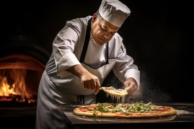 Un chef sautant du fromage parmesan râpé sur une pizza chaude