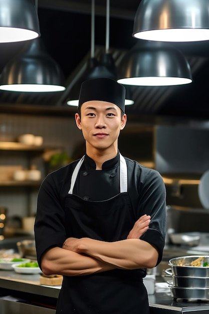 Un chef se tient dans une cuisine, les bras croisés.