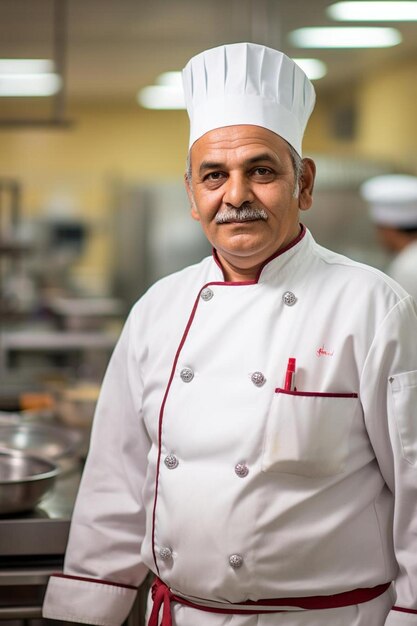 un chef se tient dans une cuisine avec une étiquette rouge sur sa chemise