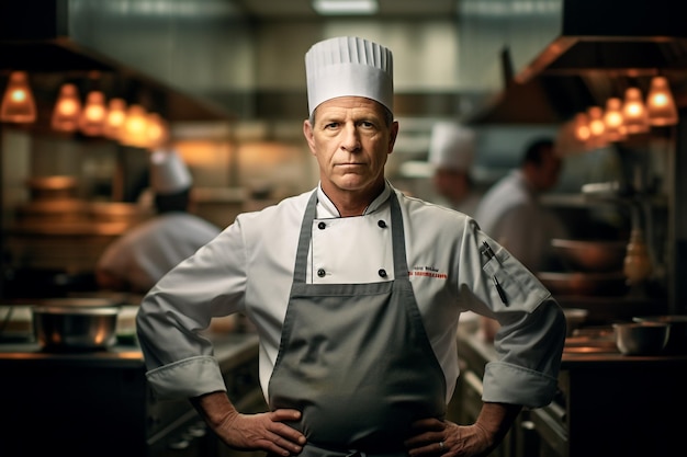 Un chef se tient dans une cuisine avec ses mains sur ses hanches.