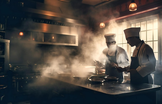chef et serveur cuisinant dans la cuisine avec de la fumée