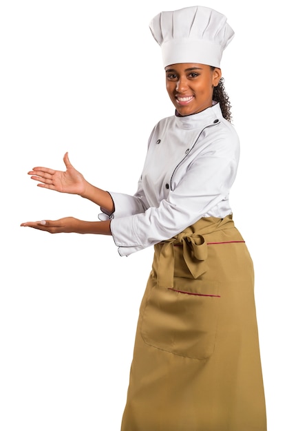 Un chef avec ses mains vides pour tenir vos produits dans un espace blanc.