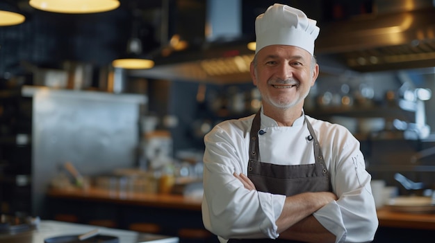 Chef souriant avec les bras croisés dans une cuisine professionnelle