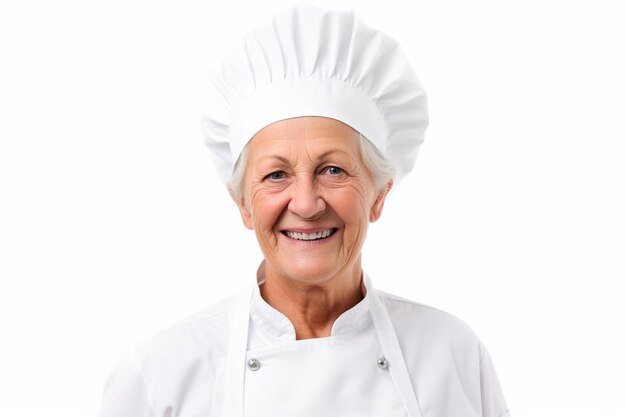 Photo un chef souriant avec un chapeau blanc et un chopeau blanc sur un fond blanc