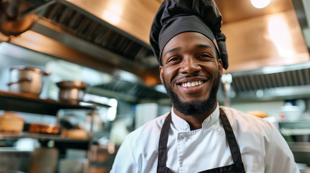 Photo chef souriant dans la cuisine d'un restaurant portrait de chef en uniforme au travail dans la cuisine