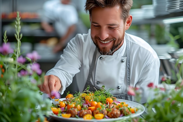 Le chef souriant avec un plat de nourriture