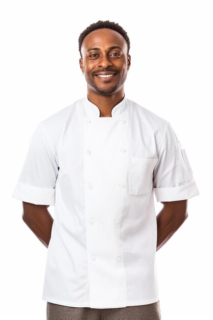 Photo un chef souriant portant une chemise blanche avec les mots chef dessus