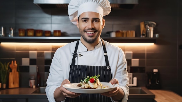 Le chef souriant tenant un plat délicieux dans la cuisine