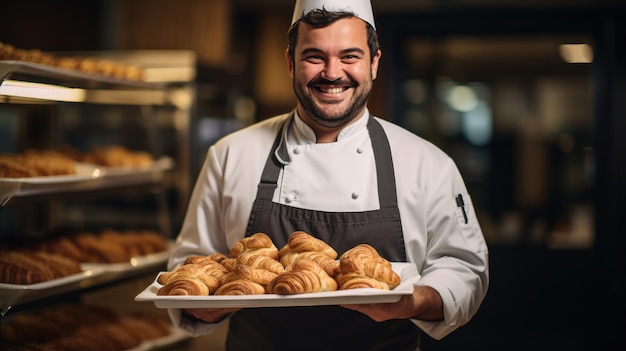 un chef souriant tenant un plateau de croissants fraîchement cuits
