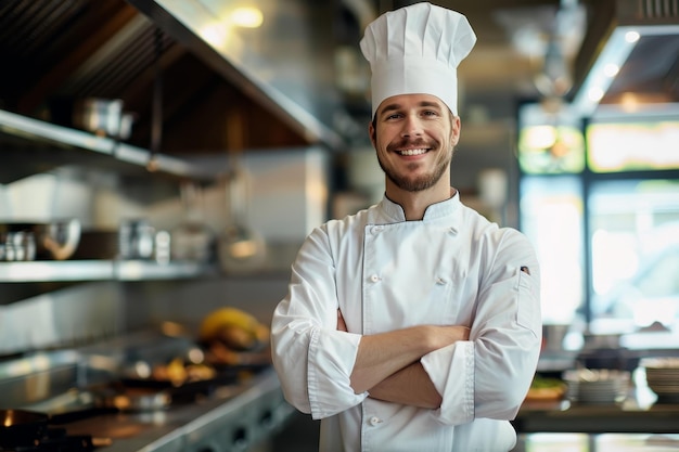 Un chef sourit et pose pour une photo dans une cuisine