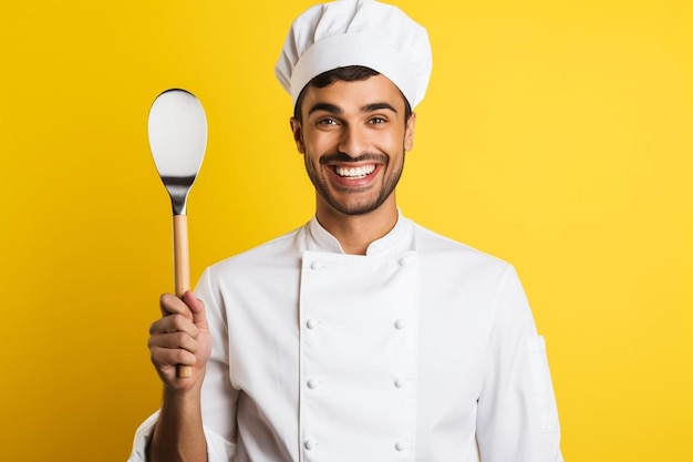 Photo un chef sourit en tenant une spatule à la main