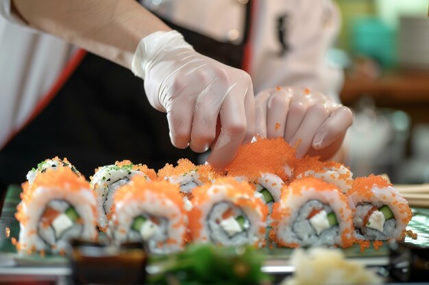 Le chef sushi garne des rouleaux avec des œufs.