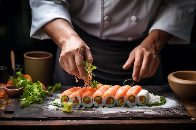 Un chef sushi présentant un plateau de poisson de haute qualité