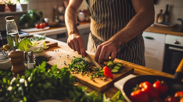 Photo un chef en tablier découpe des légumes sur une planche à couper en bois. il est entouré de légumes frais et d'herbes.