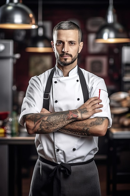 Un chef avec des tatouages sur ses bras se tient dans une cuisine