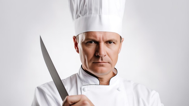 Un chef tenant un couteau dans sa main droite.