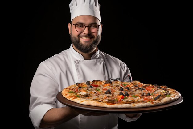 Chef tenant une pizza de fruits de mer avec des crevettes