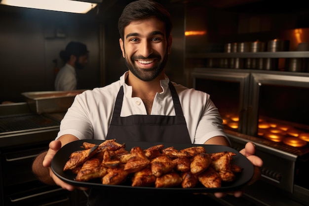 Chef tenant un plateau plein de poulet grillé à l'intérieur d'une cuisine