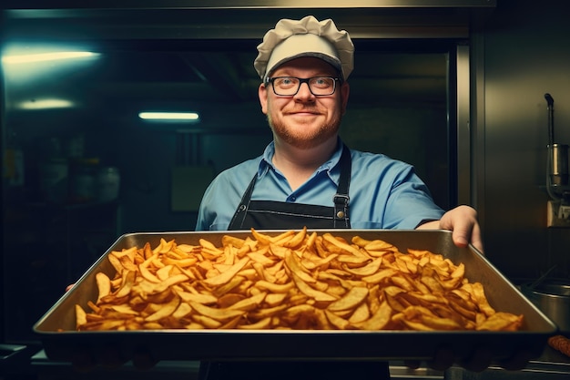 Chef tenant un plateau rempli de pommes de terre croustillantes frites dans une cuisine