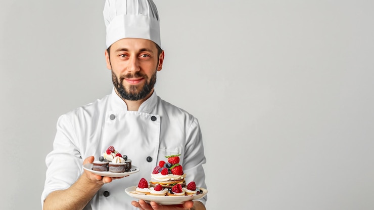 Photo un chef tient une assiette de desserts avec des fraises et du chocolat