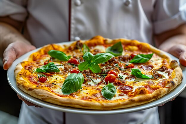 Photo un chef tient une assiette de pizza avec beaucoup de garnitures, y compris du basilic