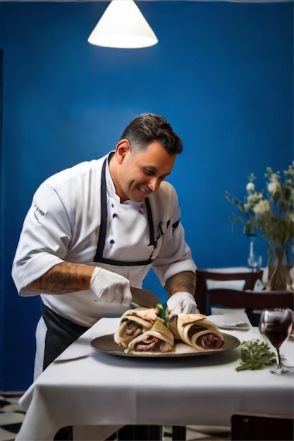 Chef tranchant des gyros dans un restaurant grec avec des murs bleus et des tables à whilte feuilles de vin