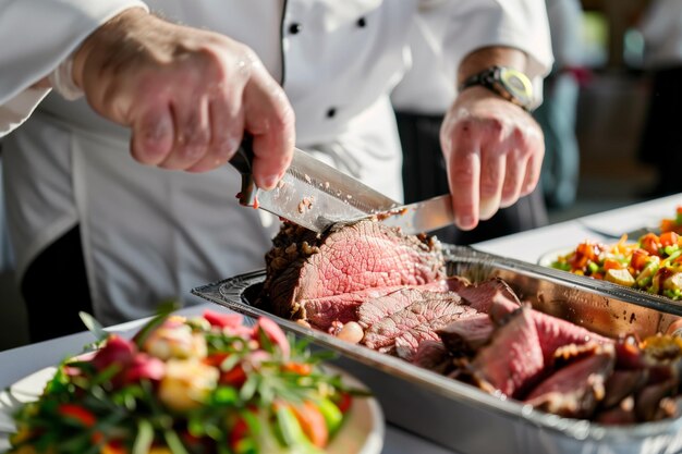 Photo le chef tranche du rôti tendre au buffet de l'événement