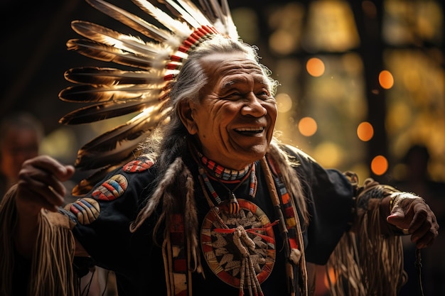 Chef de tribu amérindienne en tenue de cérémonie traditionnelle exécutant une danse ancestrale