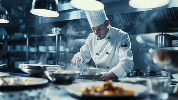 Photo un chef en uniforme blanc et chapeau cuisine dans une cuisine commerciale. il remue une grande casserole de nourriture tout en vérifiant sa consistance.