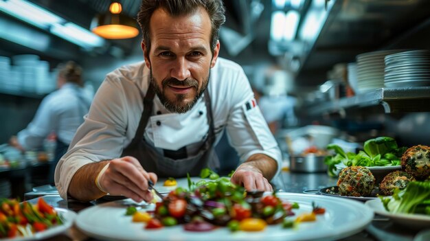 Photo chef en uniforme cuisinant dans la cuisine