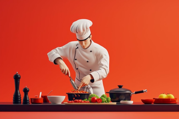 Chef en uniforme cuisinant avec des ingrédients frais sur un fond rouge