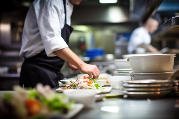 Photo chef en uniforme préparant une salade dans une cuisine professionnelle dans un restaurant