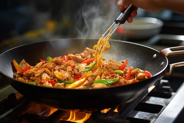 Un chef utilisant des baguettes pour mélanger du poulet et des légumes dans un wok