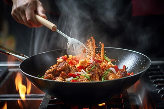 Un chef utilisant des baguettes pour mélanger du poulet et des légumes dans un wok