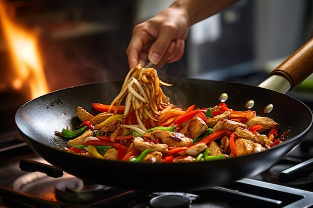 Un chef utilisant des baguettes pour mélanger du poulet et des légumes dans un wok