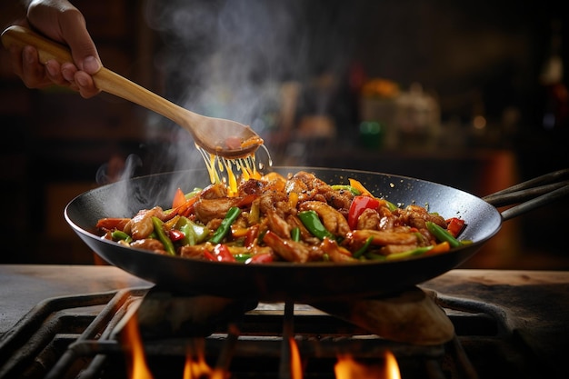 Un chef utilisant des baguettes pour mélanger du poulet et des légumes dans un wok