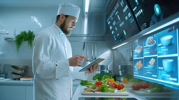 Chef utilisant la tablette ou la technologie d'innovation lors de la cuisson forme recette aig