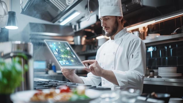 Chef utilisant la tablette ou la technologie d'innovation lors de la cuisson forme recette aig