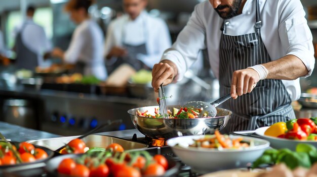 Photo le chef utilise une grande spatule métallique pour remuer les légumes qui sont dans une grande casserole métallique.