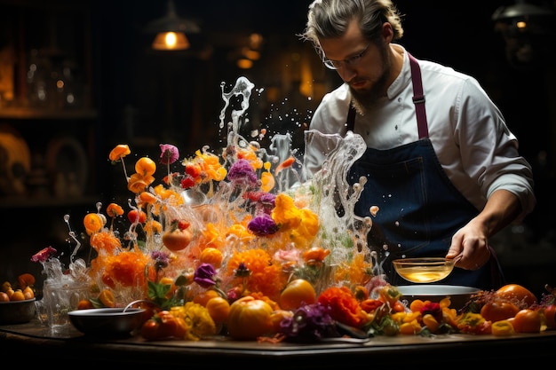 Photo un chef versant un plat dans une poêle à frire un homme en tablier versant de l'eau sur un bol de fruits