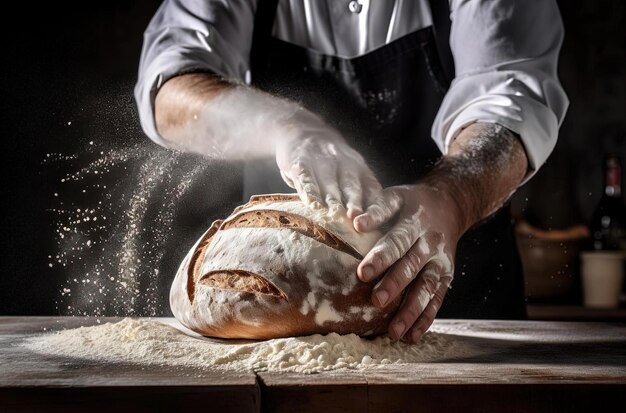un chef verse de la farine sur le pain