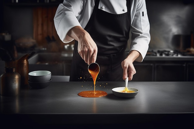 Un chef verse de la sauce dans un bol avec un bol de nourriture.