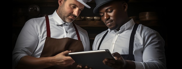 Chefs et barman utilisant une tablette numérique dans un restaurant