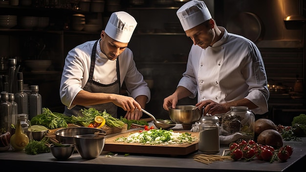 Chefs contemporains préparant un repas gastronomique