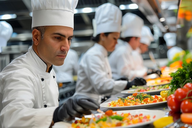 Des chefs professionnels en uniformes blancs préparent des repas gourmets dans une cuisine commerciale avec des produits frais