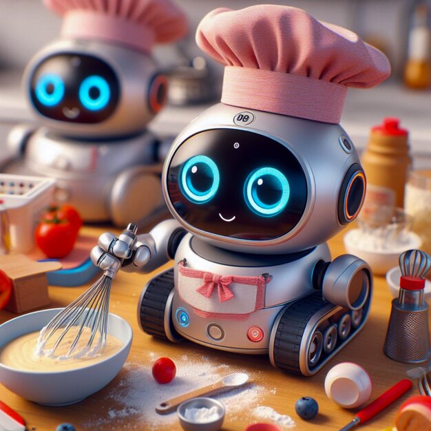 Les chefs robotiques en action Un mignon et futuriste