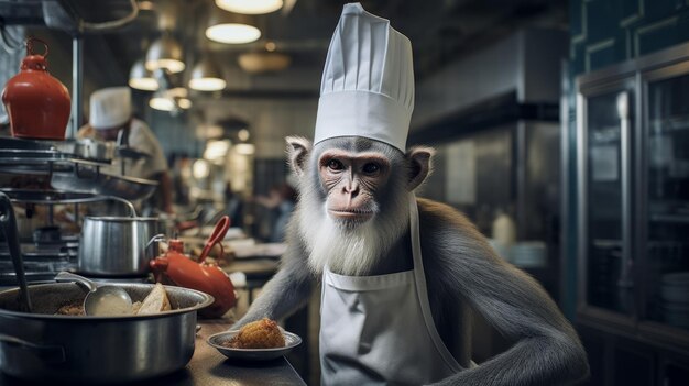 Des chefs singes préparent de la nourriture dans la cuisine d'un restaurant.