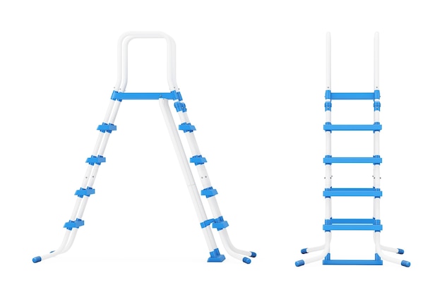 Échelles de piscine extérieure en plastique sur fond blanc. Rendu 3D.