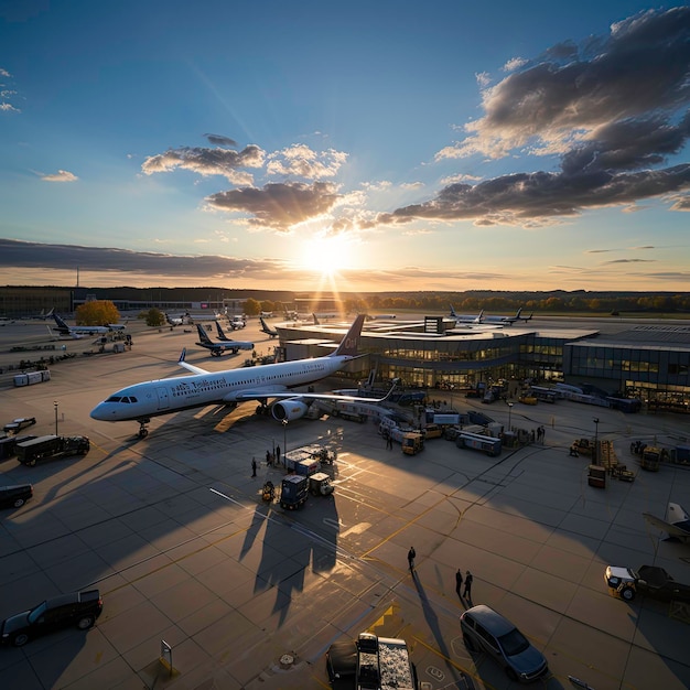 Photo chemin de l'aéroport et avion avec vue sur la ville