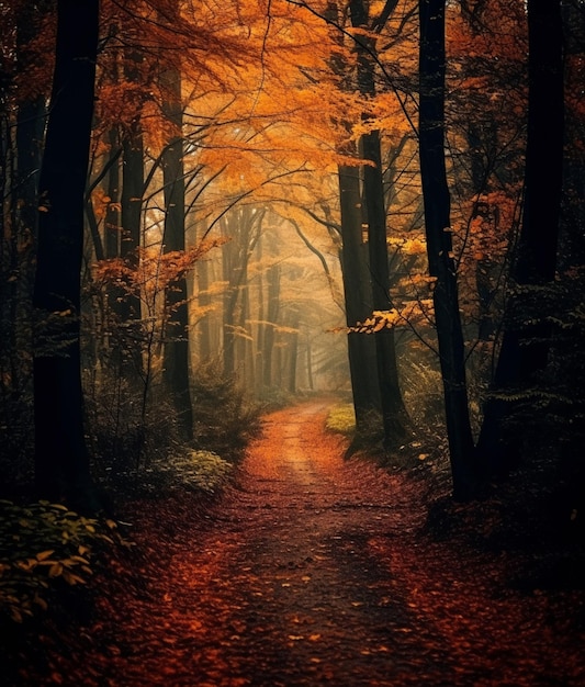 Chemin arafé dans les bois avec une feuille jaune au sol ai générative